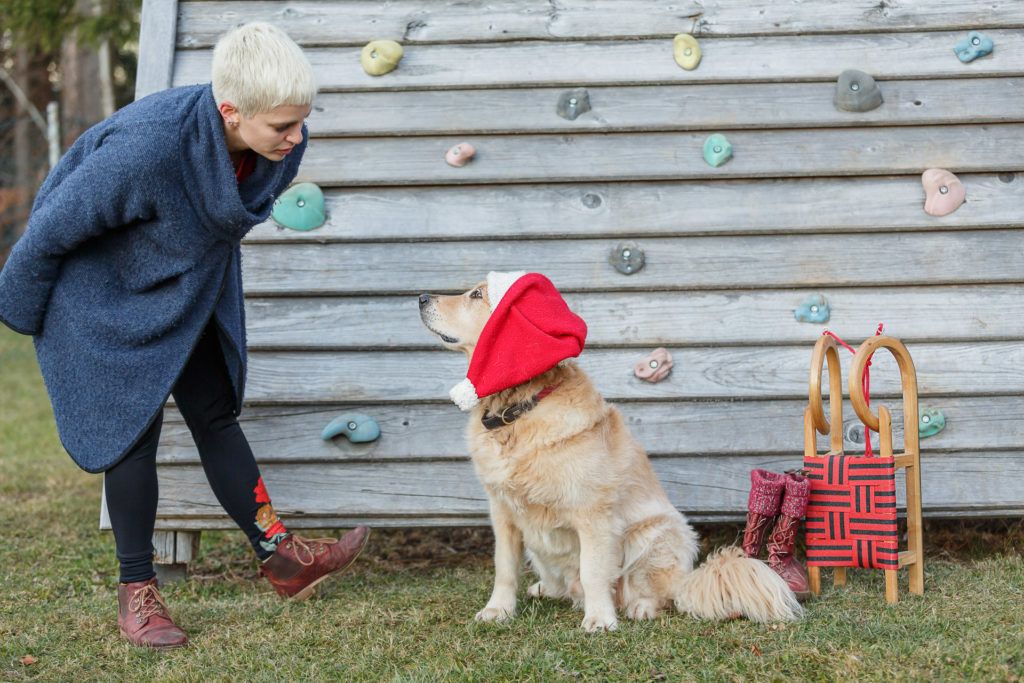Hund Timber mit Nikolausmütze - schaut zu Johanna